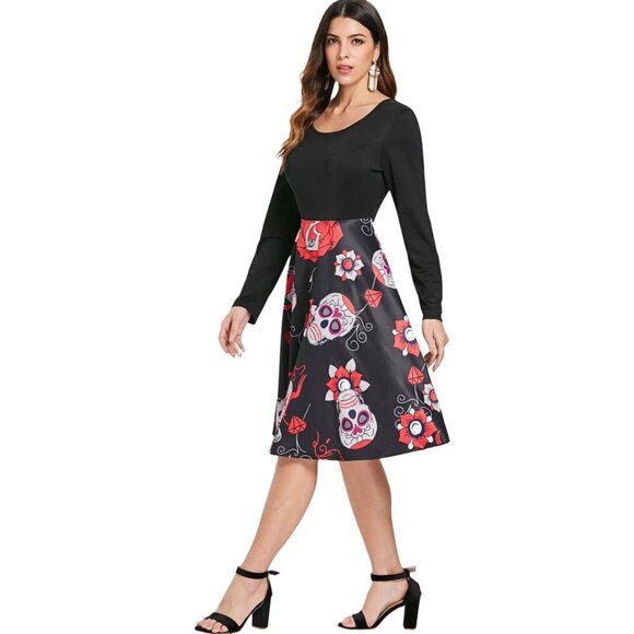 Sugar Skull Gothic Halloween Dress – Criss-Cross Back Long Sleeve Red Black | 2X - Picture 6 of 8
